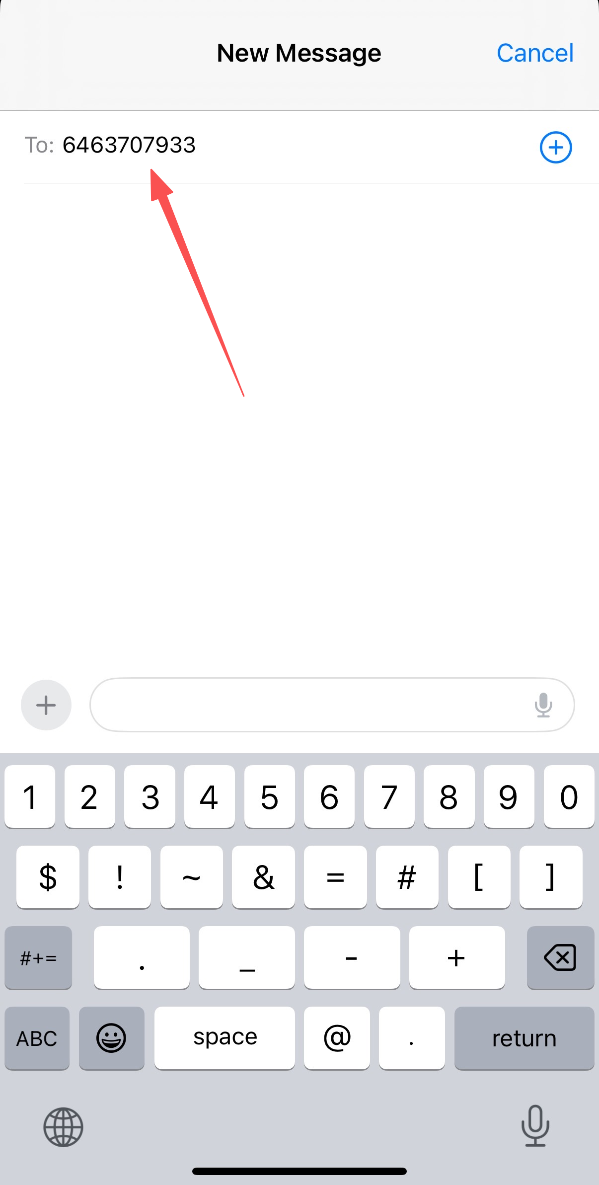 Screenshot of phone number entry field
